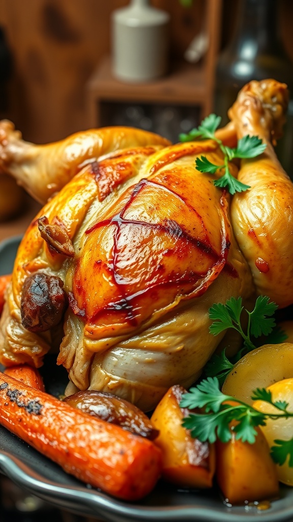 A roasted chicken leg quarter with crispy skin, served with roasted vegetables on a rustic plate.